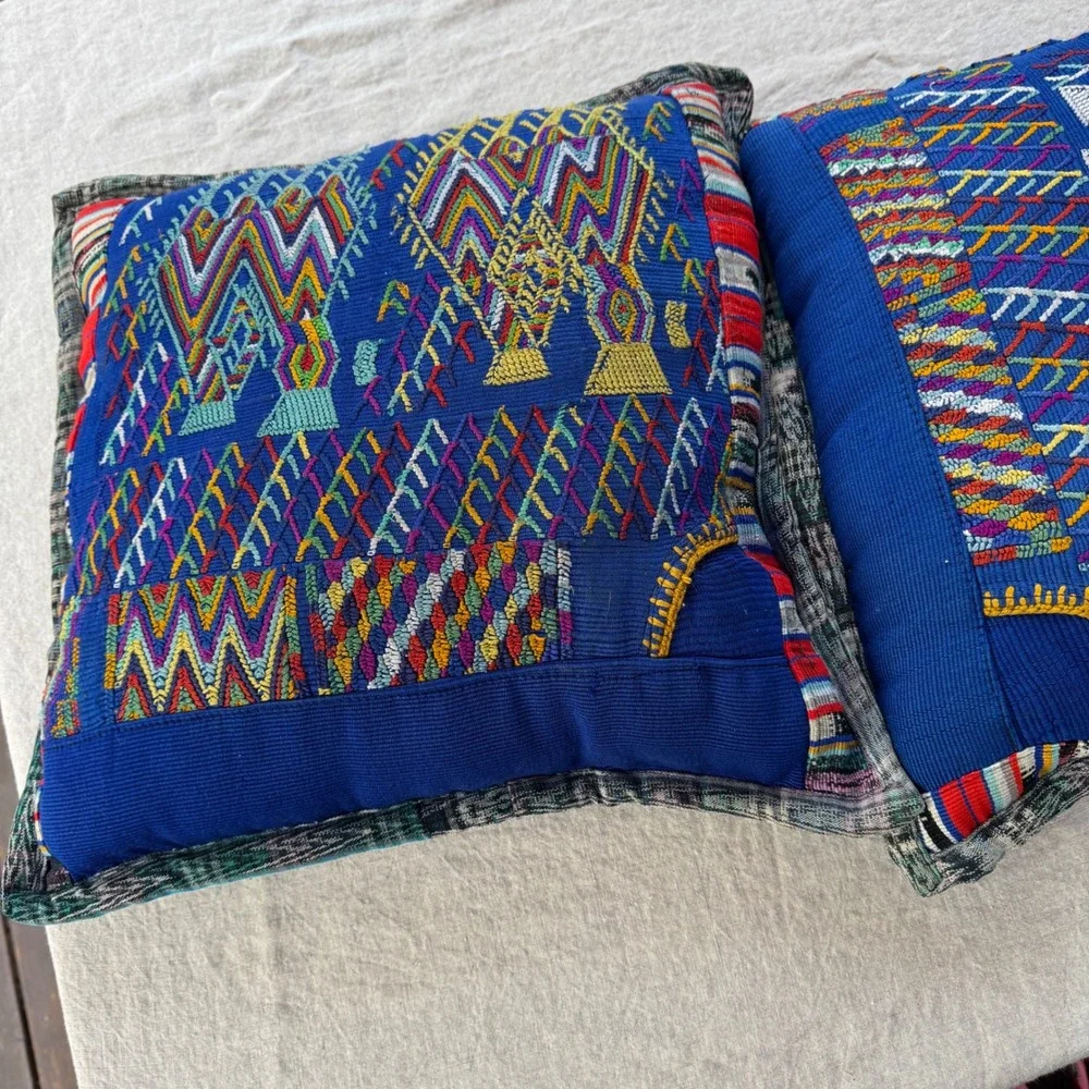 Vintage Guatemalan Maya Textile Pillows 2pc set Blue Hand Embroidered Huipil 17